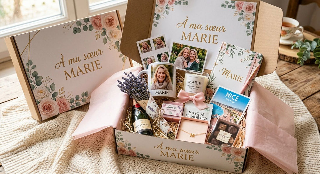 Box cadeau personnalisée pour un départ en retraite avec mug, chocolats et message souvenir