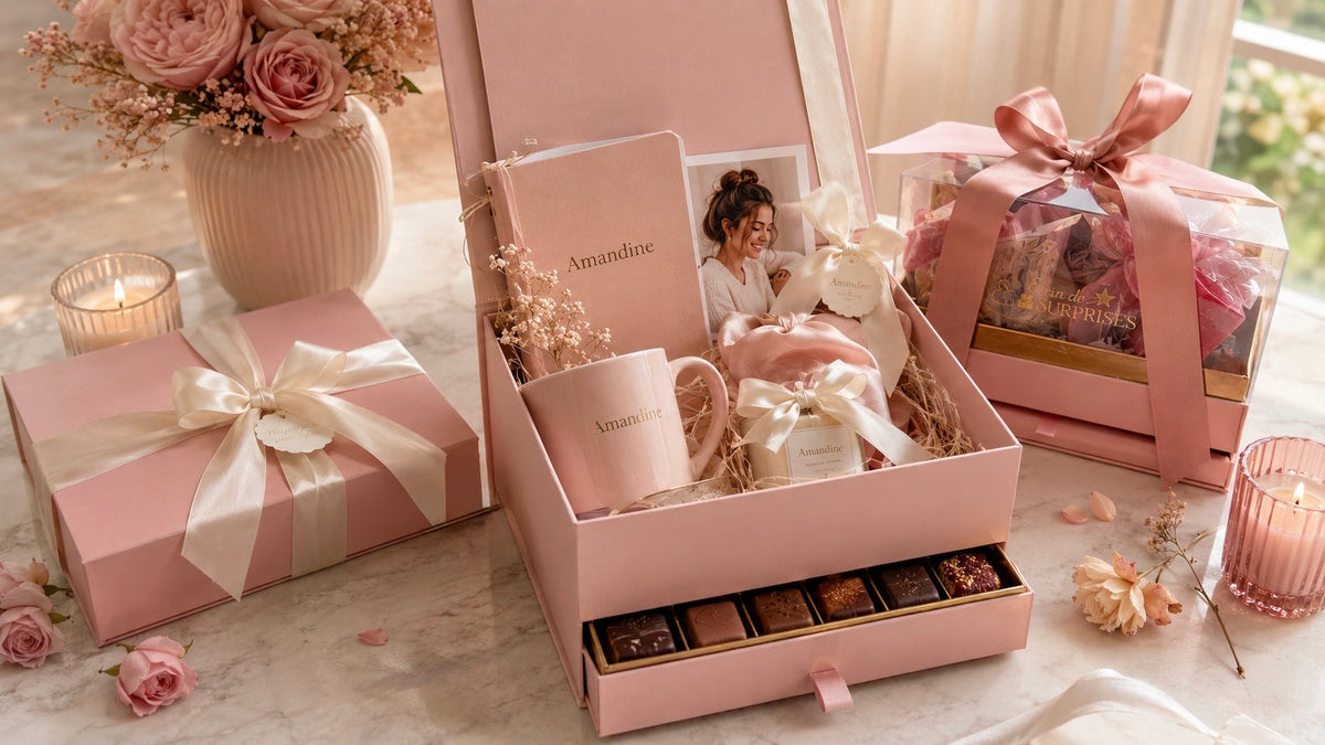 Box cadeau personnalisée rose Amandine avec mug carnet fleurs et chocolats