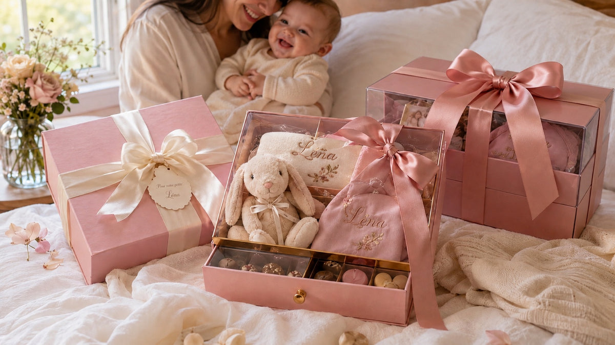 Box cadeau bébé personnalisée rose avec maman et bébé