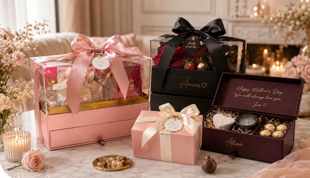 Assortiment élégant de box cadeaux personnalisées rose noir et bordeaux