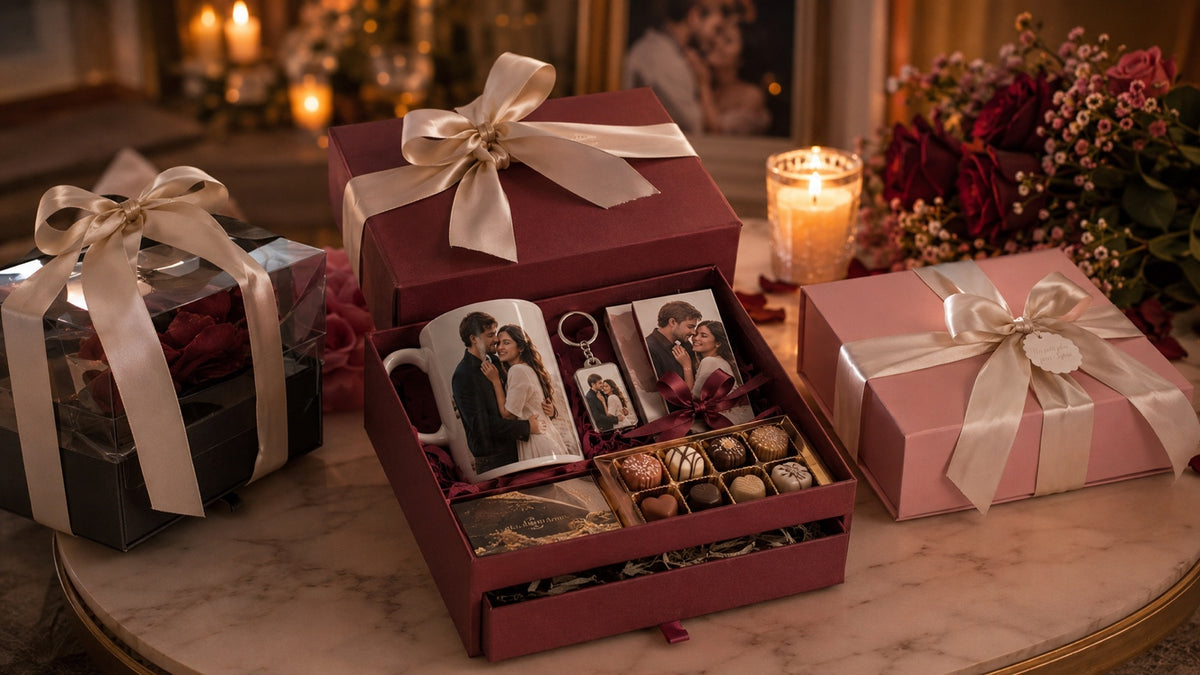 Box cadeau couple personnalisée bordeaux avec mug photo et chocolats