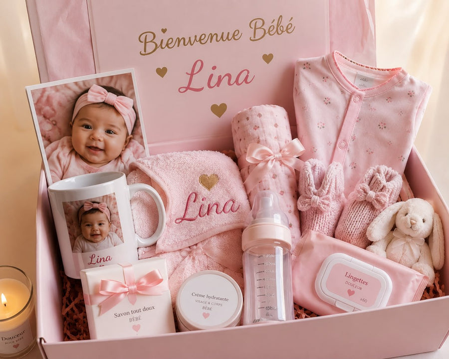Box cadeau naissance bébé personnalisée avec prénom et photo