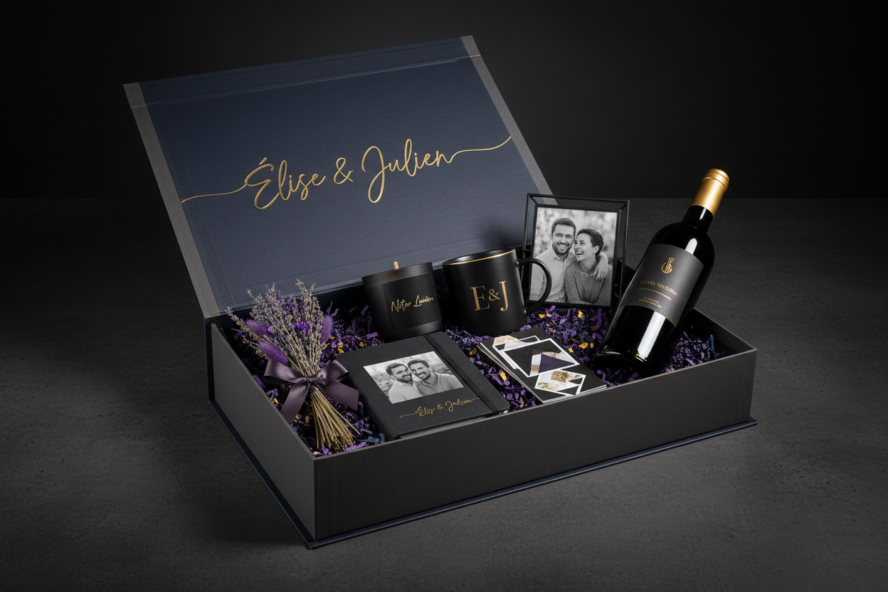 génere moi une image bien design de la box douceur cadeau c'est un box composé: bouquet de fleur de lavande, bougie personnalisé, mug personnalisé, canet personnalisé avec photo et prénom, une photo de la personne, des stickers des conffetis, une bouteille de vin et la box doit avoir le prenom de la personne avec des couleurs sombre design et épuré